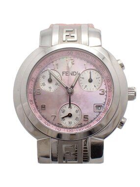 Fendi Zucca Chronograph Quartz Watch Pink Shell Dial Leather Pawn